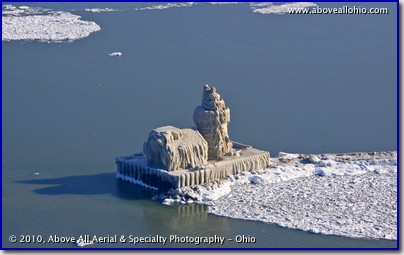 Aerial view of the "ice lighthouse" where the Cuyahoga River empties into Lake Erie near downtown Cleveland, Ohio
